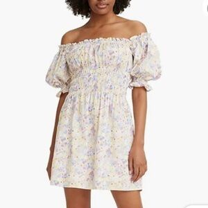 Levi - Floral Off Shoulder Smocked Mini Dress Puff Sleeve Boho Summer Women L